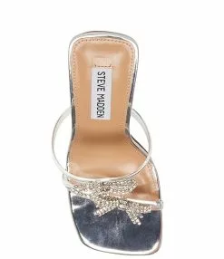 Steve Madden Leonie Metallic Rhinestone Bow Embellished Clear Slide Dress Sandals