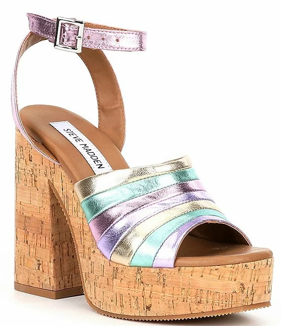 Steve Madden Delvina Rainbow Metallic Leather Cork Platform Sandals - Afbeelding 6