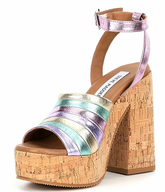 Steve Madden Delvina Rainbow Metallic Leather Cork Platform Sandals