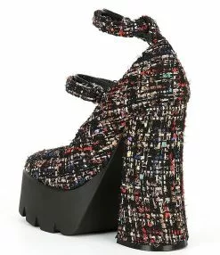 Steve Madden Haruko Tweed Platform Block Heel Ankle Strap Mary Jane Pumps