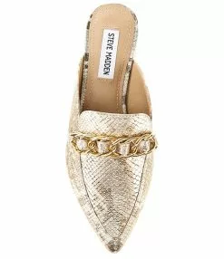 Steve Madden Faine Metallic Snake Print Embossed Chain Detail Flat Mules