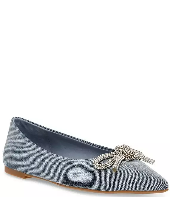 Steve Madden Elina Denim Rhinestone Bow Pointed Toe Flats